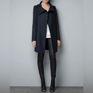 Zara Woman Navy Wool Coat with Studded Sleeves